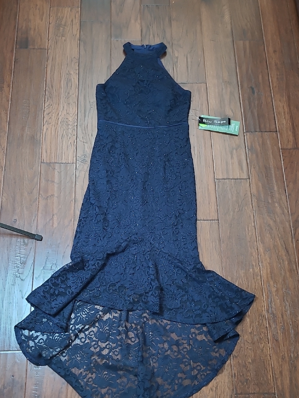 NWT Blu Sage Navy Blue Sparkle Lace Halter High-Low Evening Dress size 4